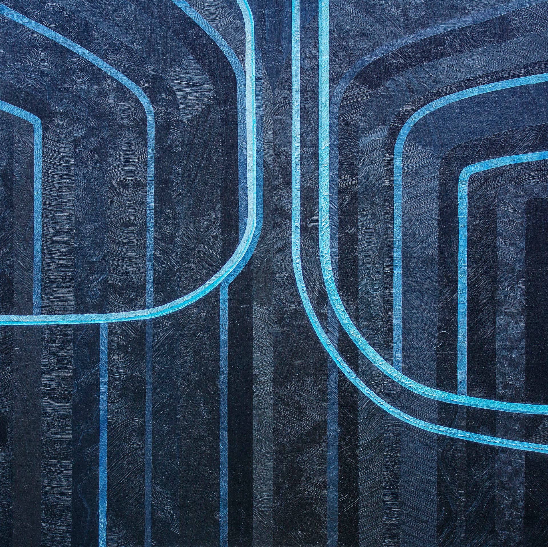 Pale Blue Lines an oil painting in dark, deep blue tones with a distinctive texture